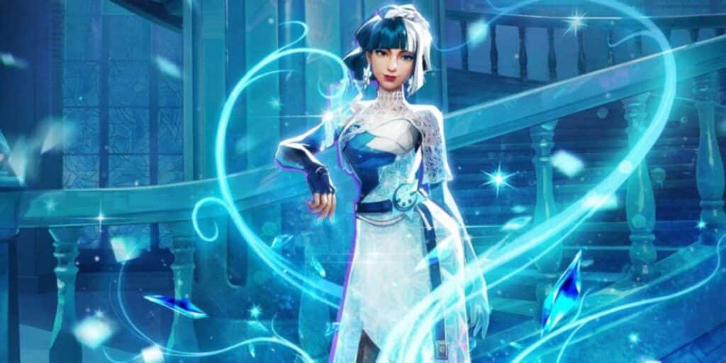 Luna Snow in an elegant white and blue outfit surrounded by glowing ice and snowflake effects