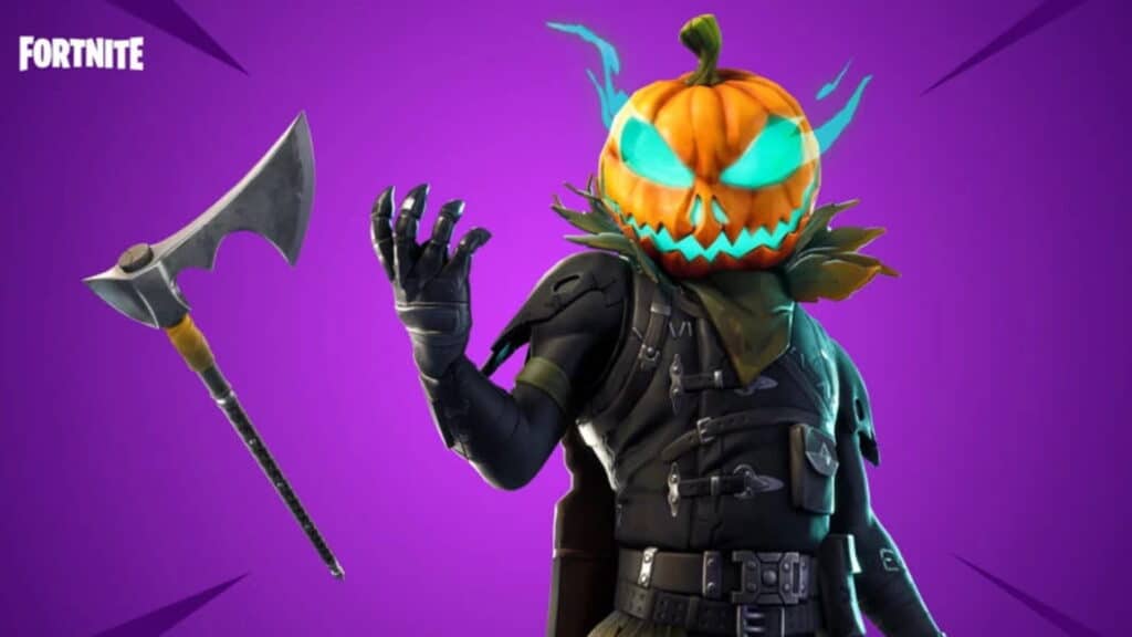 Hollowhead Fortnite skin with a glowing jack-o’-lantern head and dark armor.