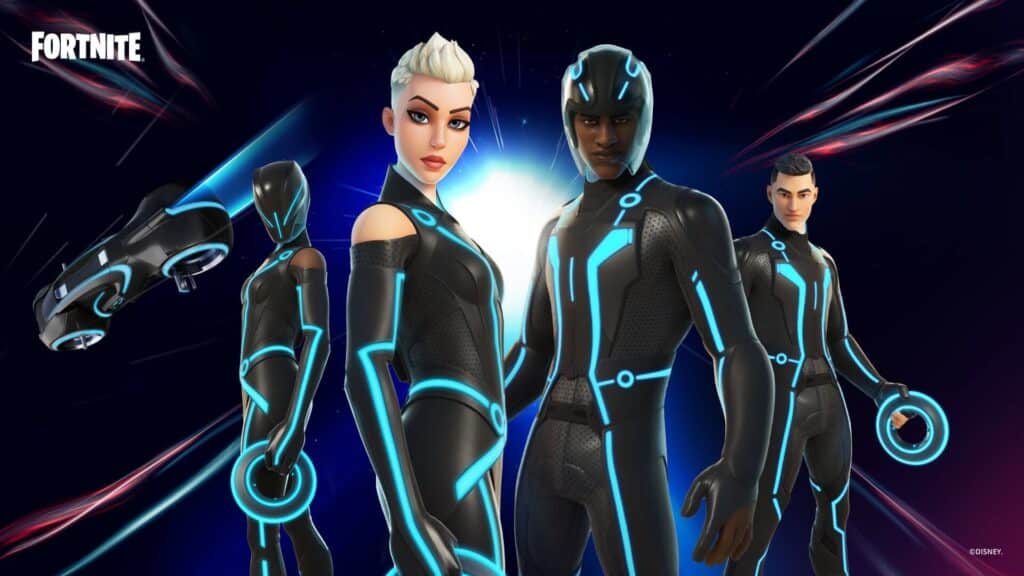 Tron Legacy Fortnite skins with neon blue suits and identity discs.