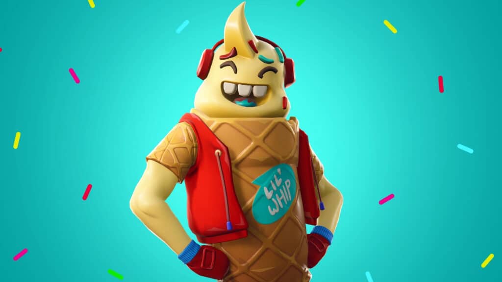 Lil Whip Fortnite skin with an ice cream head, cone body, and red vest.