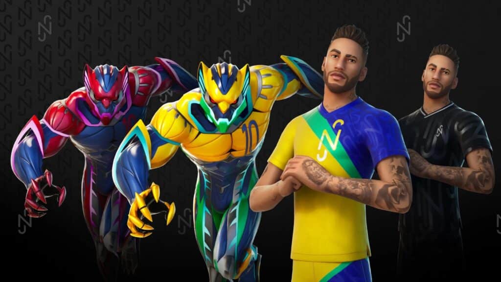Neymar Jr Fortnite skin with two football outfits and two armored jaguar-themed variants.
