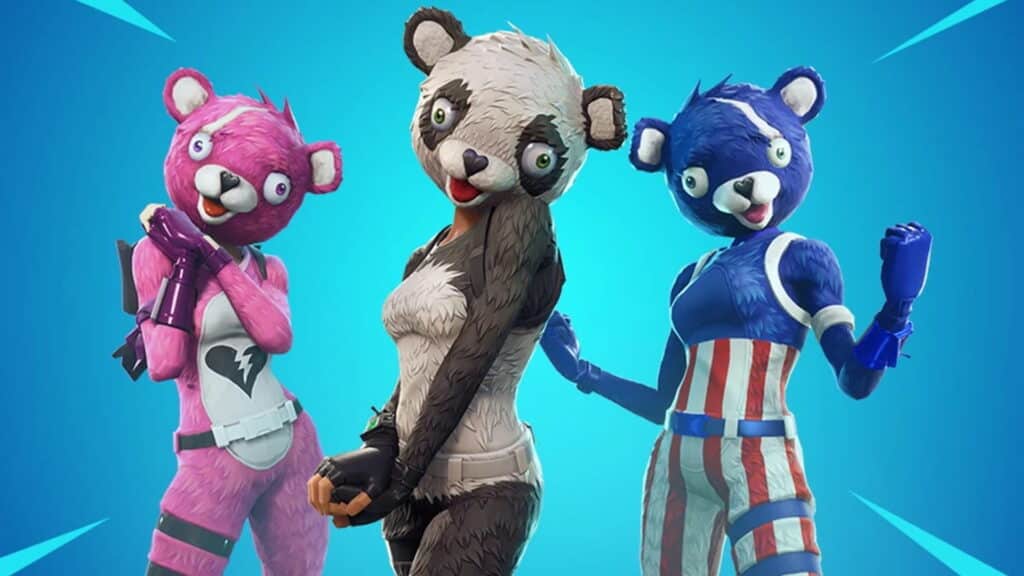 Three Cuddle Team Leader Fortnite skins in pink, panda, and blue variants.