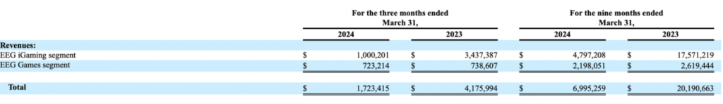 Esports Entertainment Group revenue breakdown by segment for 2023 and 2024