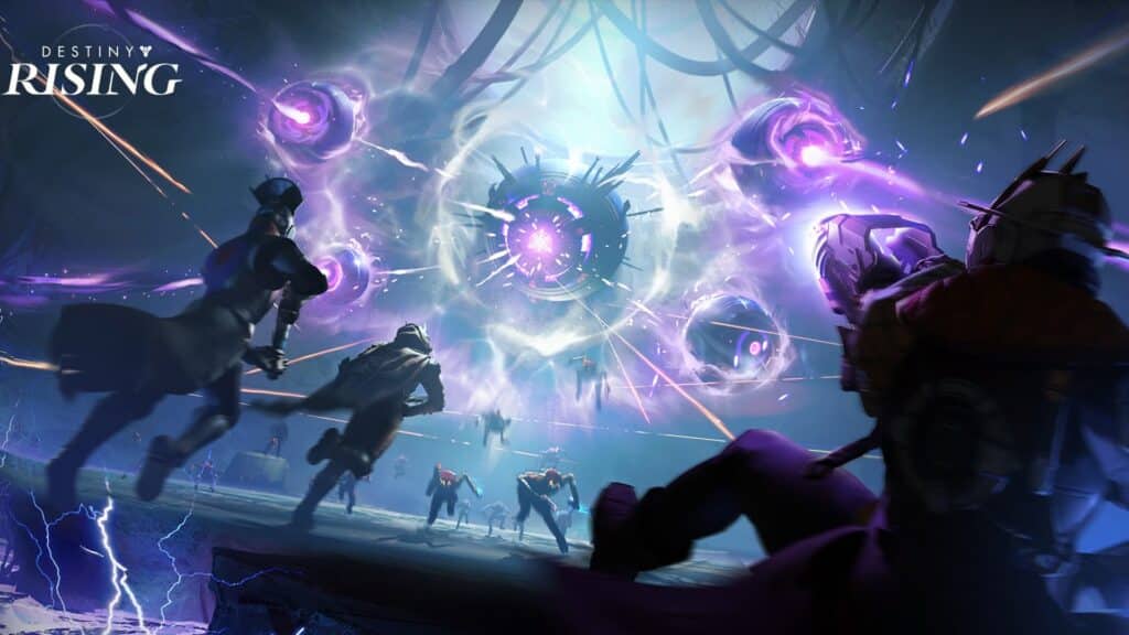 Guardians fighting energy sphere boss in Destiny: Rising artwork