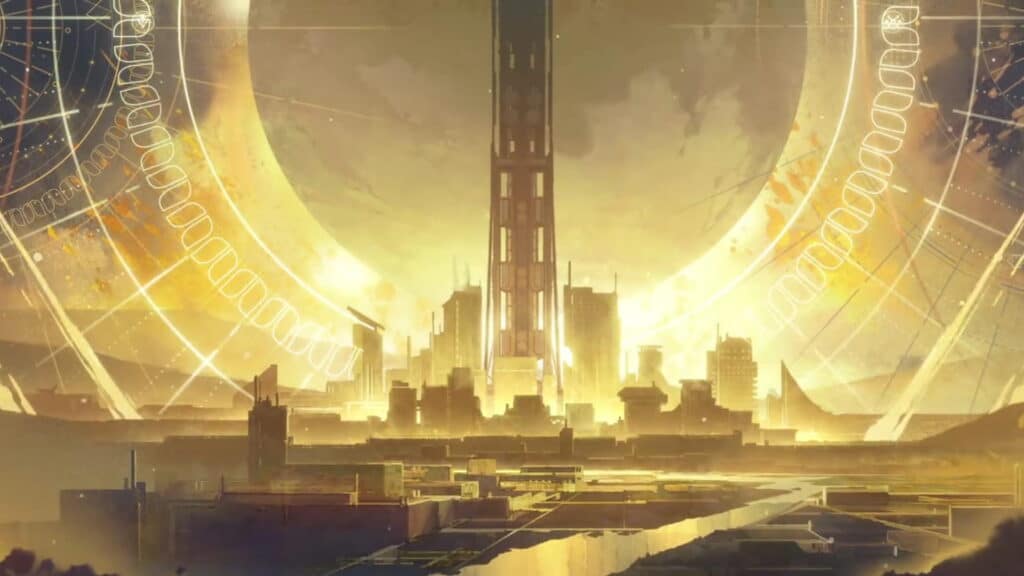 Concept art of futuristic city under glowing Traveler sphere in Destiny: Rising