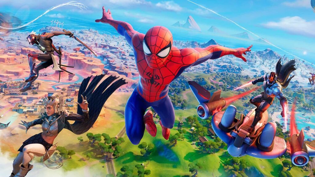Spider-Man swings through Fortnite map with other characters