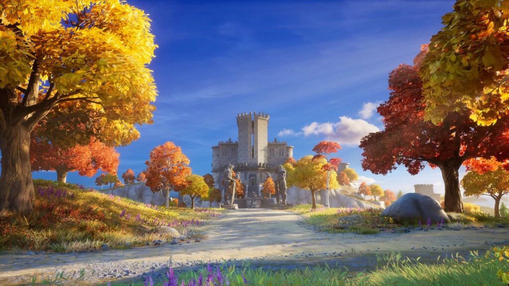 Medieval castle surrounded by colorful autumn trees in Fortnite