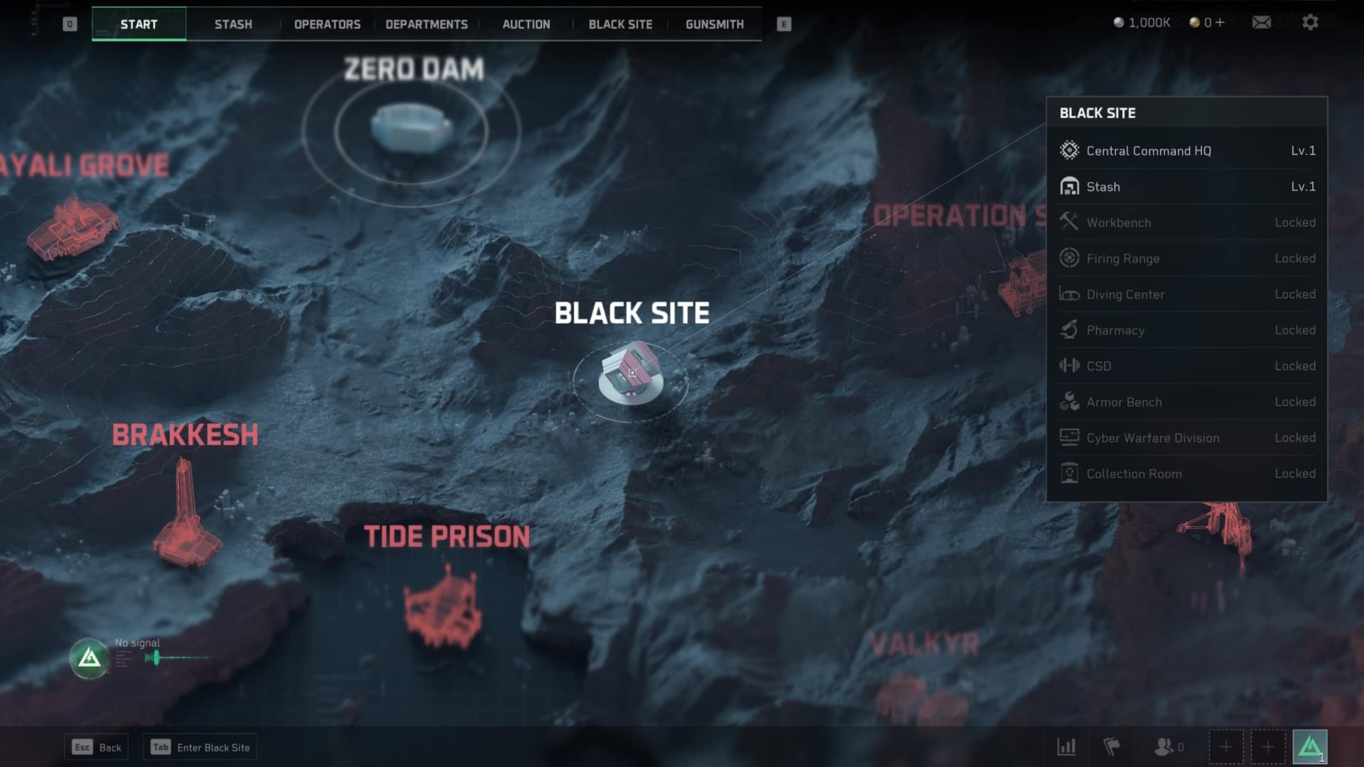A map displays a rugged terrain with key locations labeled in red: Zero Dam, Brakkesh, Tide Prison, and Black Site. A sidebar lists locked facilities