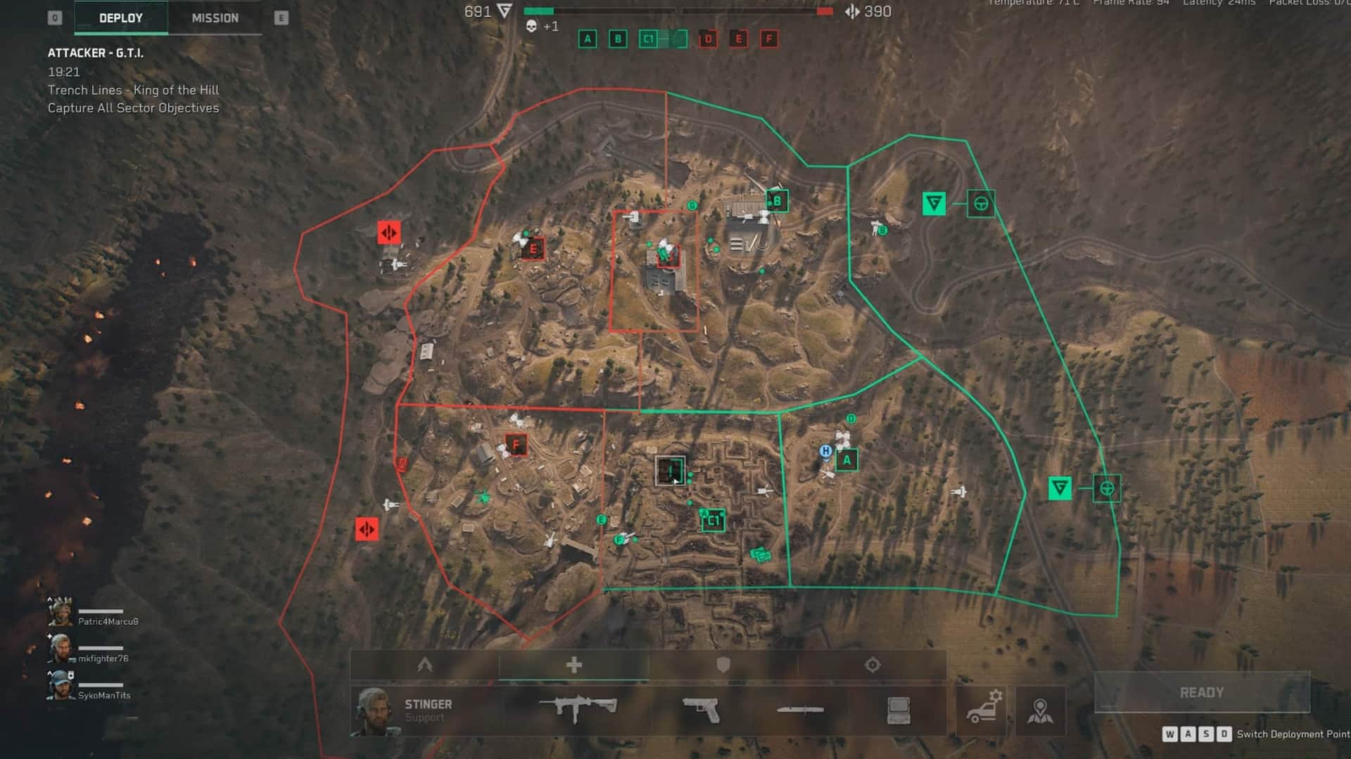 Image of Delta Force's map with red and green zones indicating territories. Icons for objectives, units, and players are scattered around the map