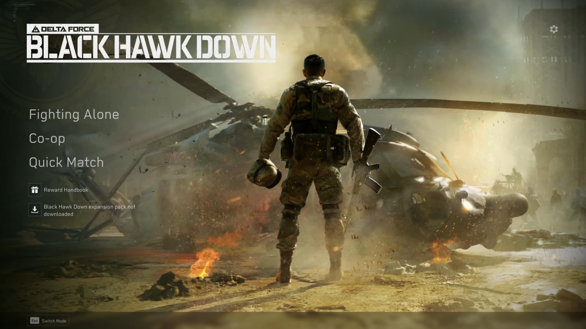 A soldier stands in front of a crashed helicopter, surrounded by flames and smoke, in a gritty, war-themed video game cover for "Black Hawk Down"
