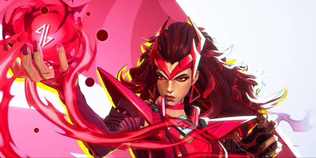 Scarlet Witch casting red magic with intense focus