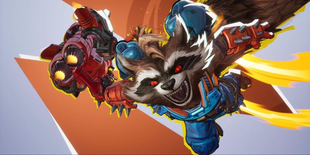 Rocket Raccoon flying with jetpack and heavy blasters