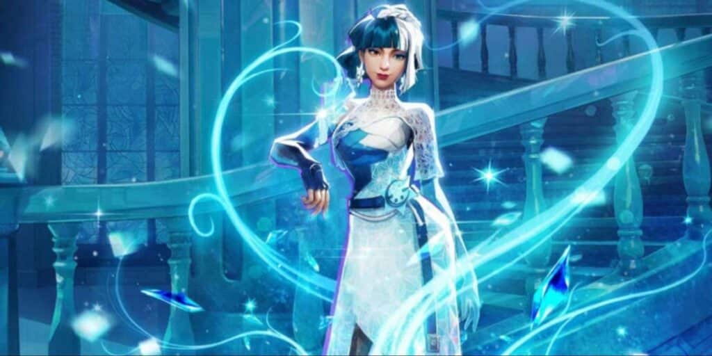 Luna Snow surrounded by glowing blue ice energy