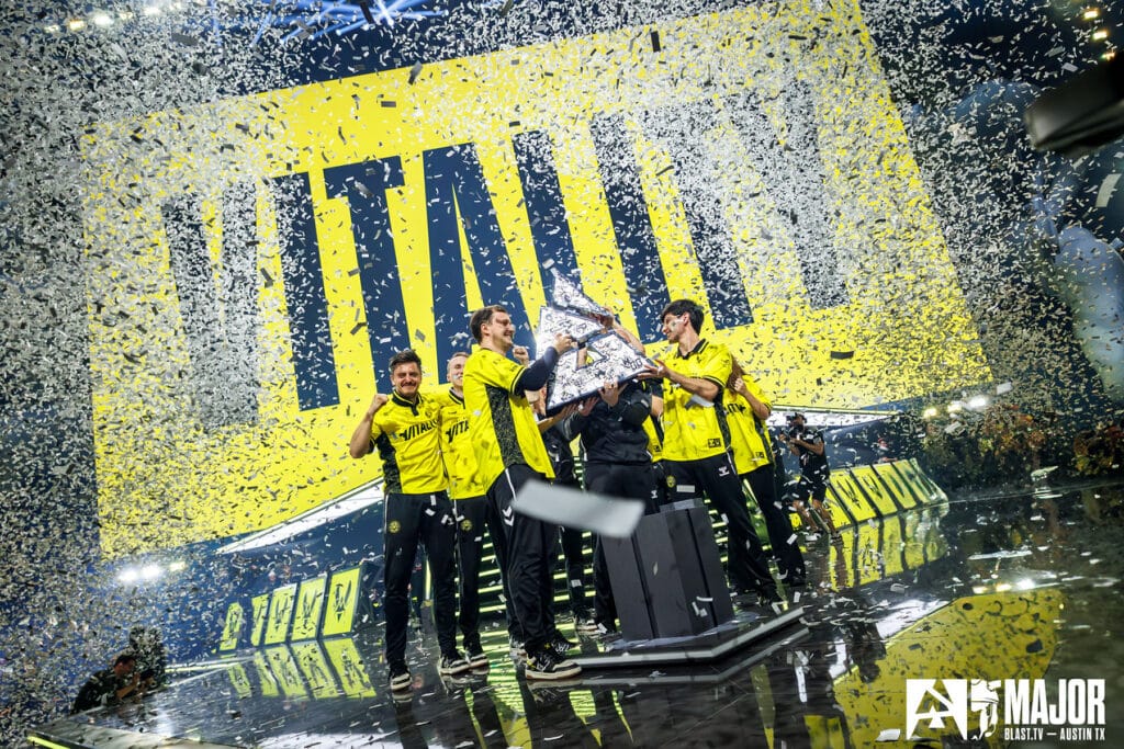 Image of Team Vitality Counter Strike team lifting BLAST Austin Major trophy