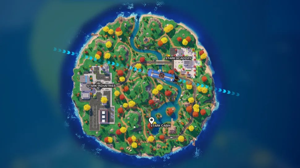 Fortnite Blitz Royale map showing Stark Industries, Stark Academy, and Stark Cabin POIs