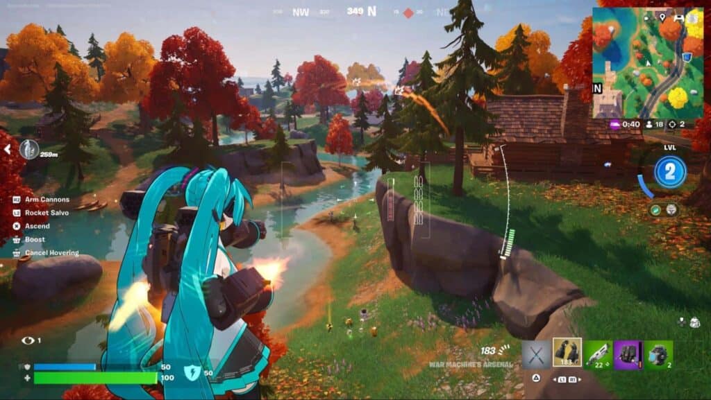 Fortnite player using War Machine’s Arsenal to attack from the air in Stark Island