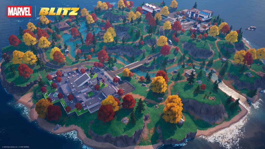Fortnite Stark Island map with Stark Industries, Academy, and Cabin in Marvel Blitz update