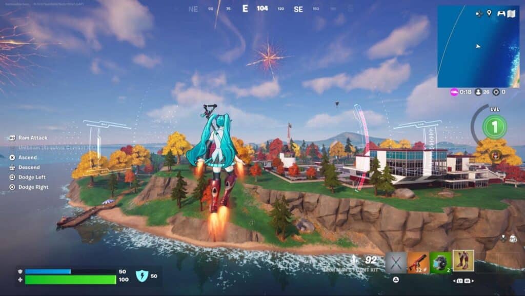 Fortnite player flying with Iron Man jetpack near Stark Industries