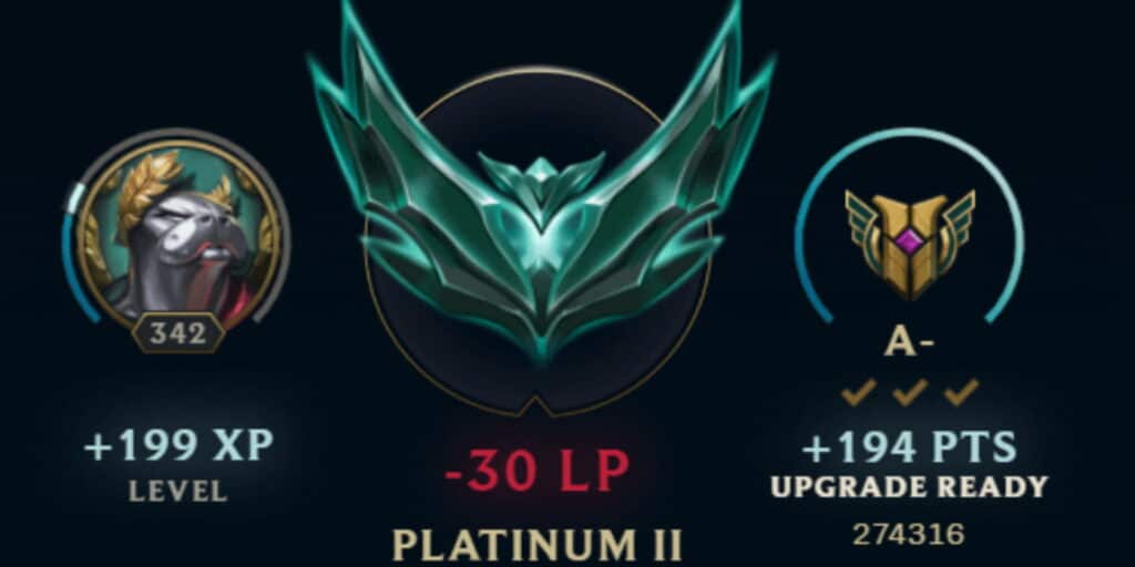 LoL's rank screen shows a Platinum II badge with -30 LP loss. The player's level is 342. An A- performance earned +194 PTS.