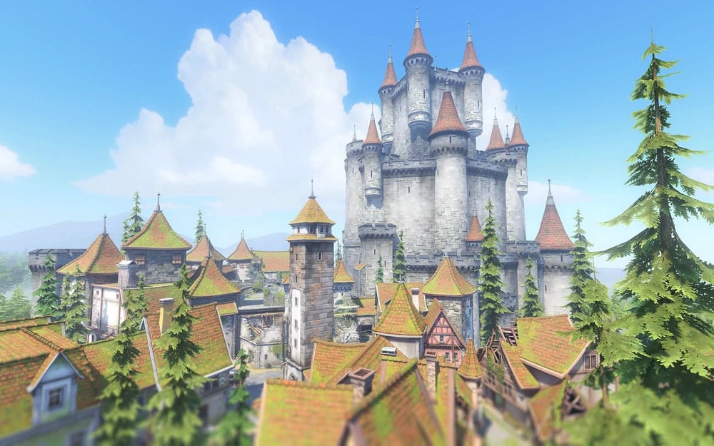 A medieval castle with conical towers and orange-tiled roofs stands majestically amid a quaint village and lush green trees