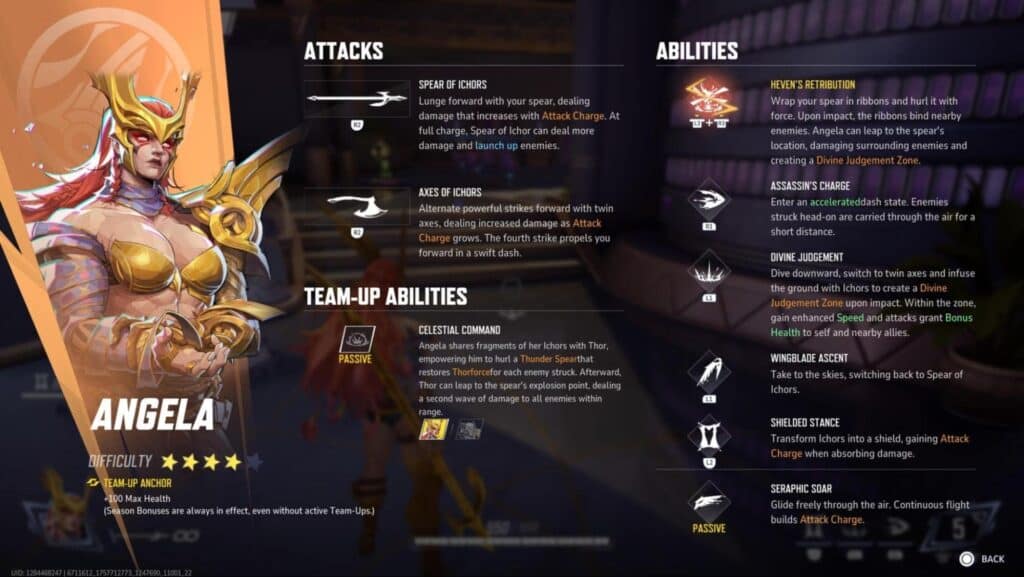 Angela character screen showing attacks, abilities, and team-up bonuses