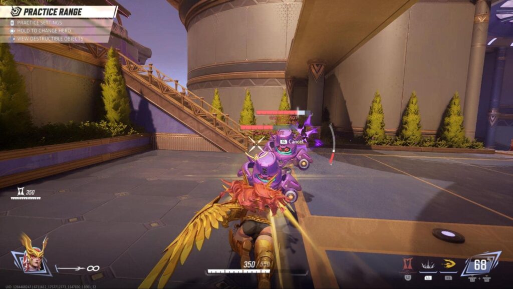 Angela fighting training bots in practice mode