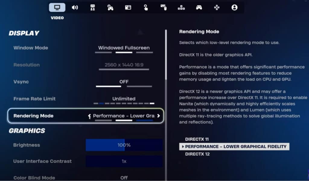 Fortnite settings menu with options for display and graphics. Key settings include "Windowed Fullscreen," "2560 x 1440 16:9," and "DirectX 11" 