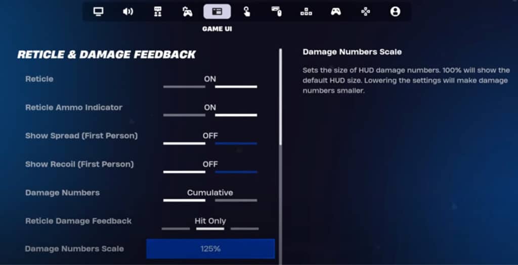 Fortnite UI settings menu titled 'Reticle & Damage Feedback,' showing options like Reticle On, Ammo Indicator On, Show Spread Off, and Damage Numbers Scale set to 125%