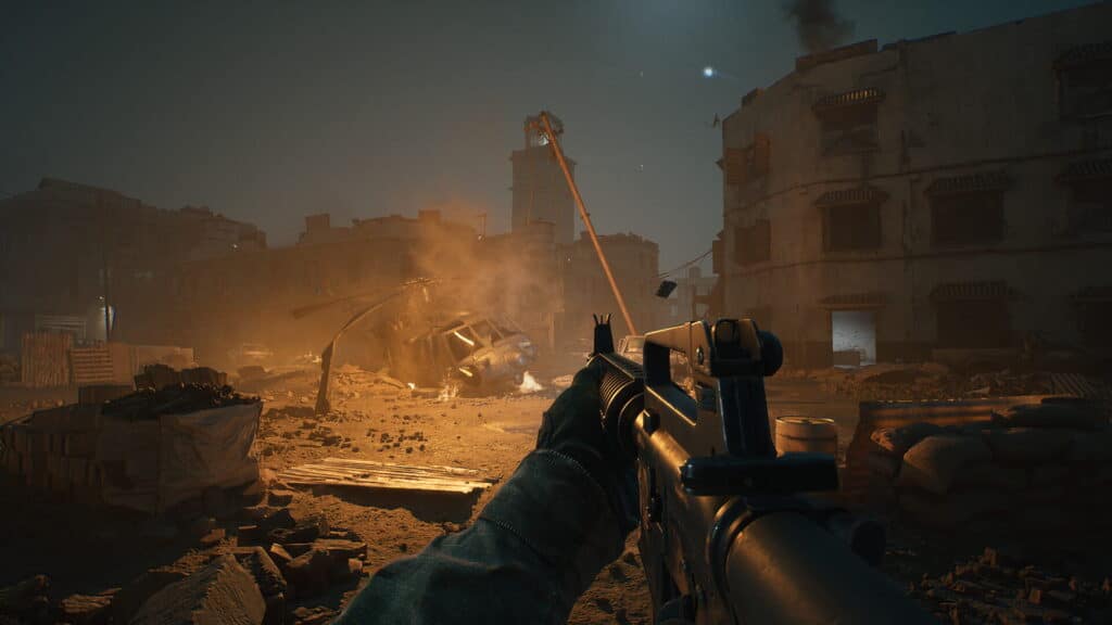 Rifle aimed at burning helicopter in ruined city