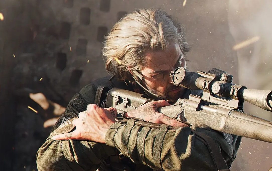Sniper from Delta Force focuses intently through the scope of a sniper rifle amid debris and smoke