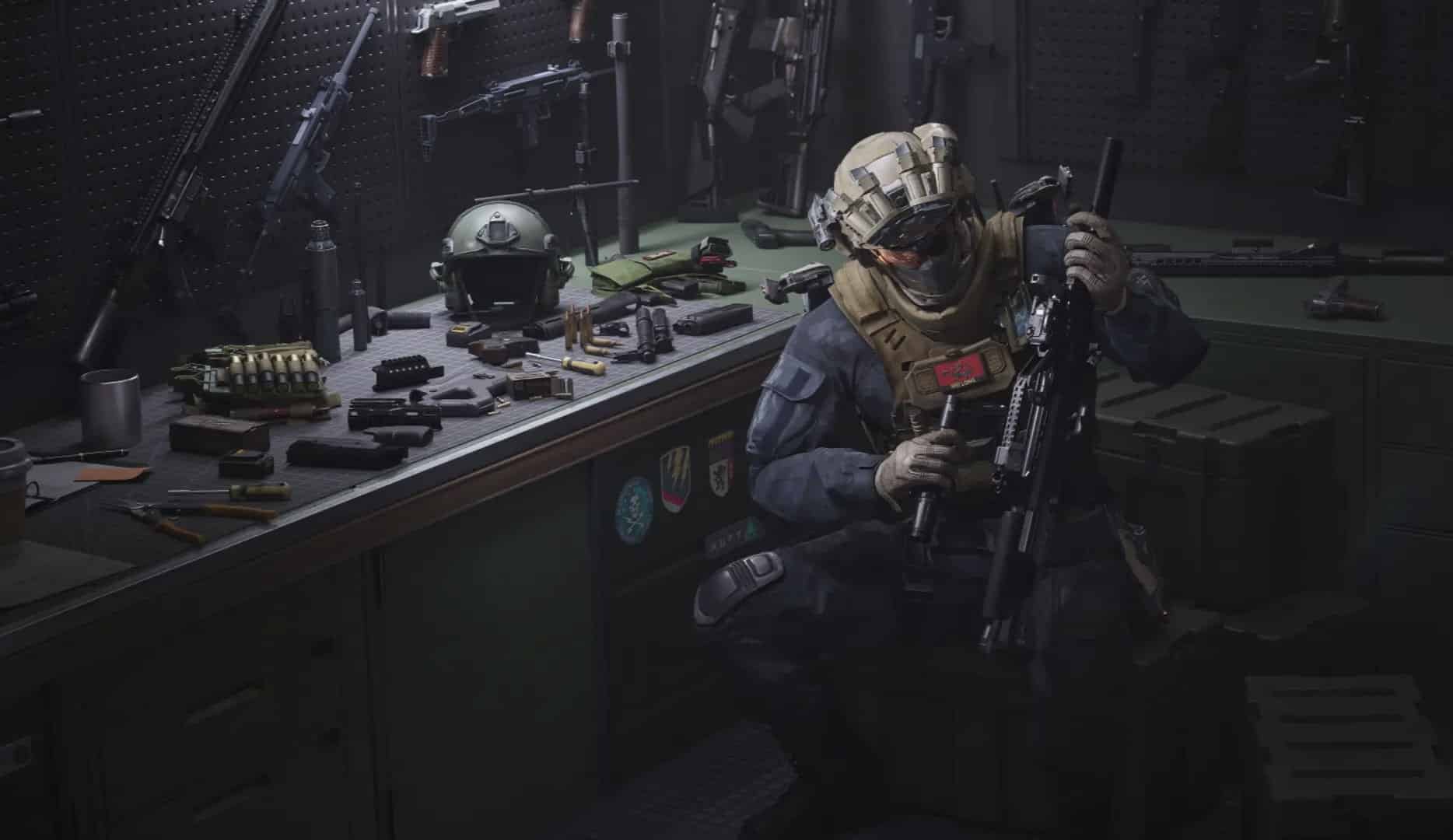 Delta Force's soldier in tactical gear sits in a dimly lit armory, inspecting a rifle