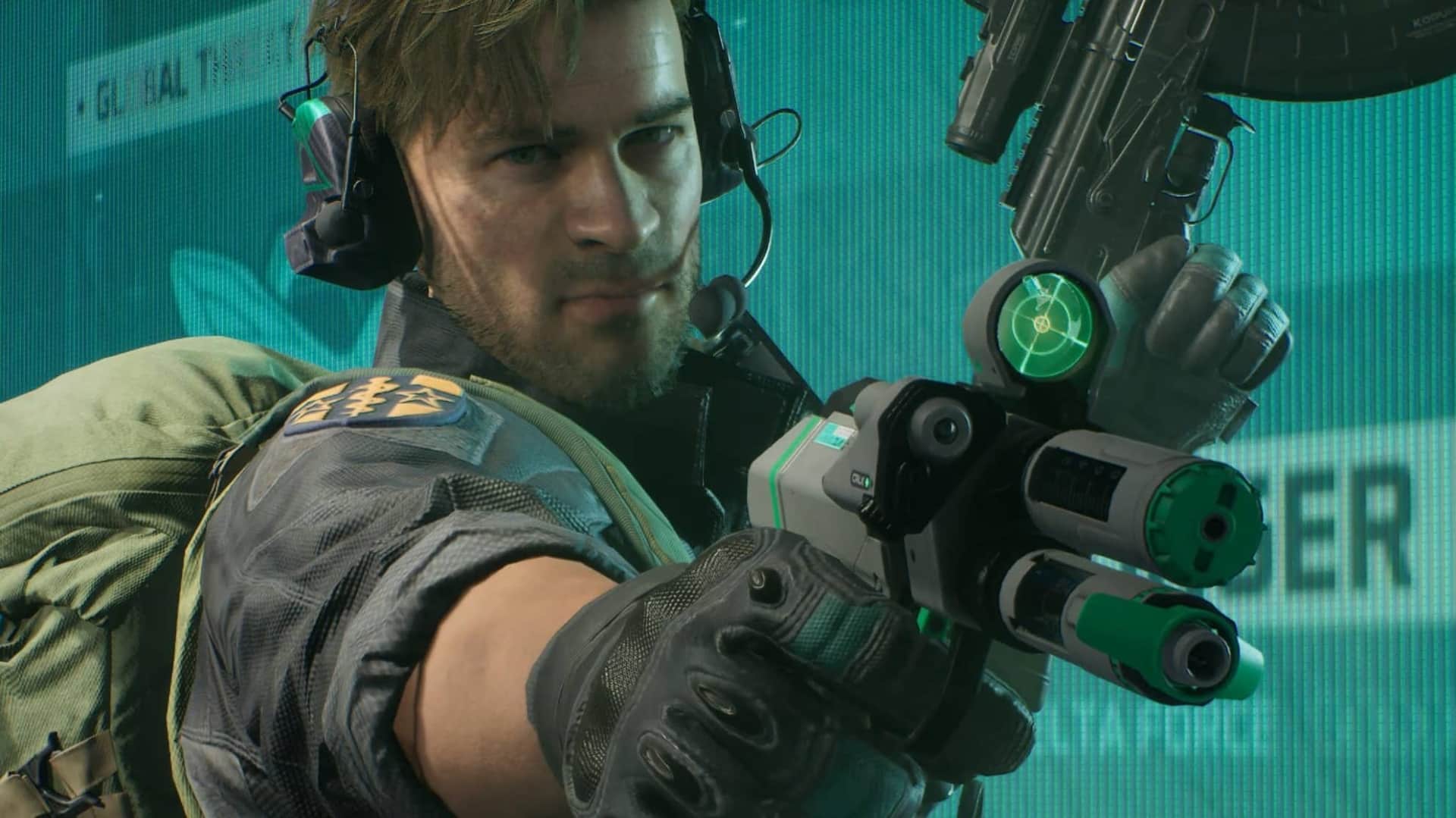 Stinger from Delta Force in tactical gear aims a futuristic weapon, with a digital interface background
