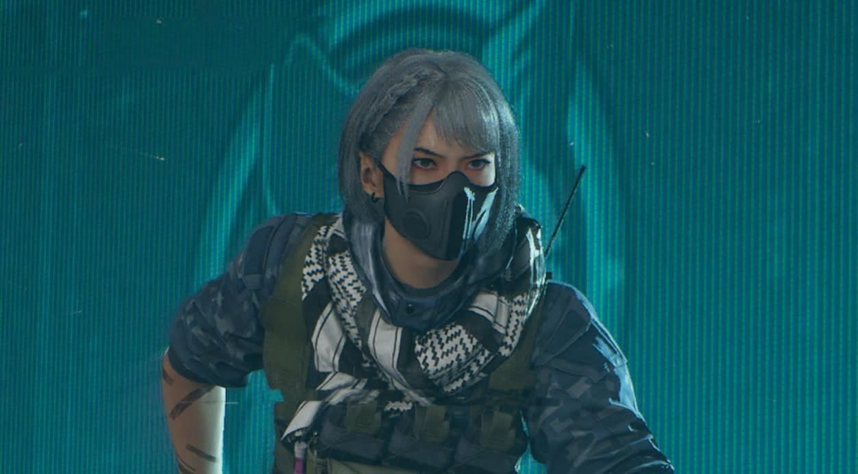 Hackclaw in tactical gear with a black and white scarf stands confidently