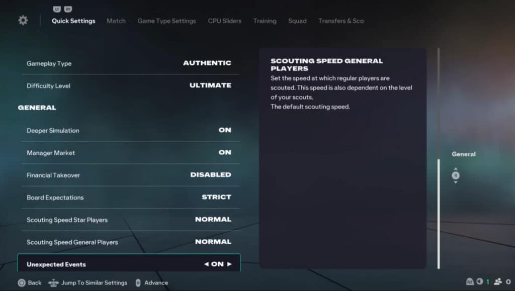 FC 26 career mode quick settings menu with scouting and events options