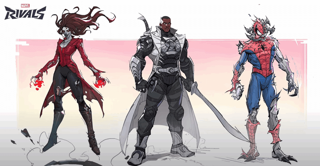 Marvel Rivals Season 4.5 skins, including zombie Scarlet Witch, Moon Knight Blade, and zombie Spider-Man 