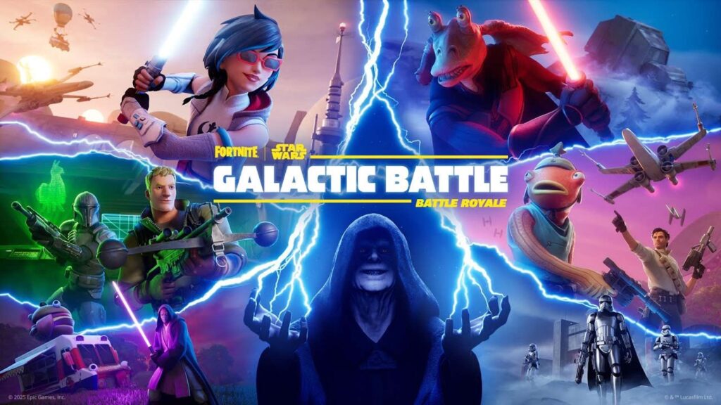 Fortnite Star Wars characters vs PUBG fighters in a crossover battle scene