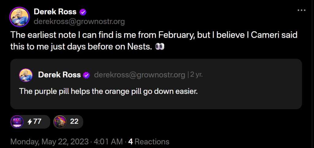 Derek Ross, Nostr, Orange-pill and purple pill: https://primal.net/e/nevent1qqsdn80s2uqhddqtd4gtnlt49khrnvxvju4tktppqqdh70l6s4rvzgct4x2ql