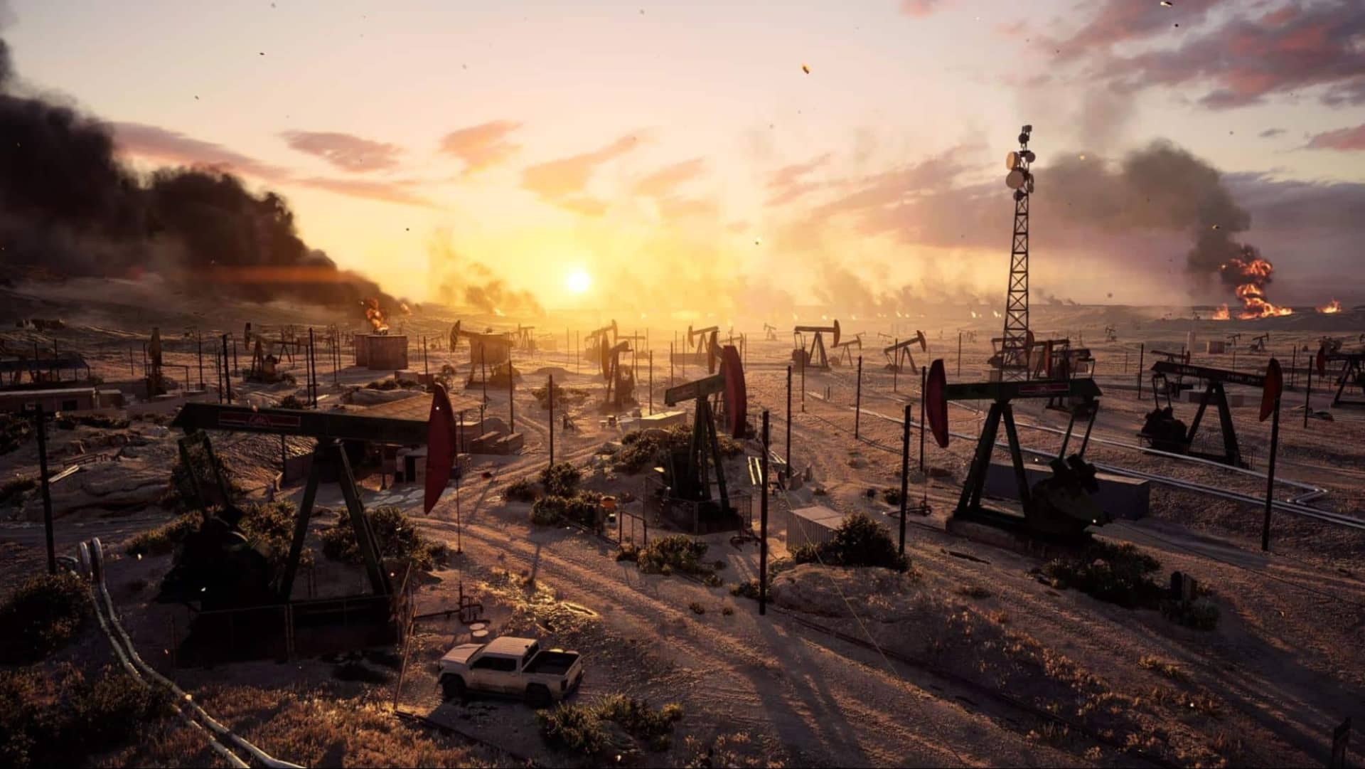 Sunset over an oil field with numerous pumpjacks in Battlefield 6