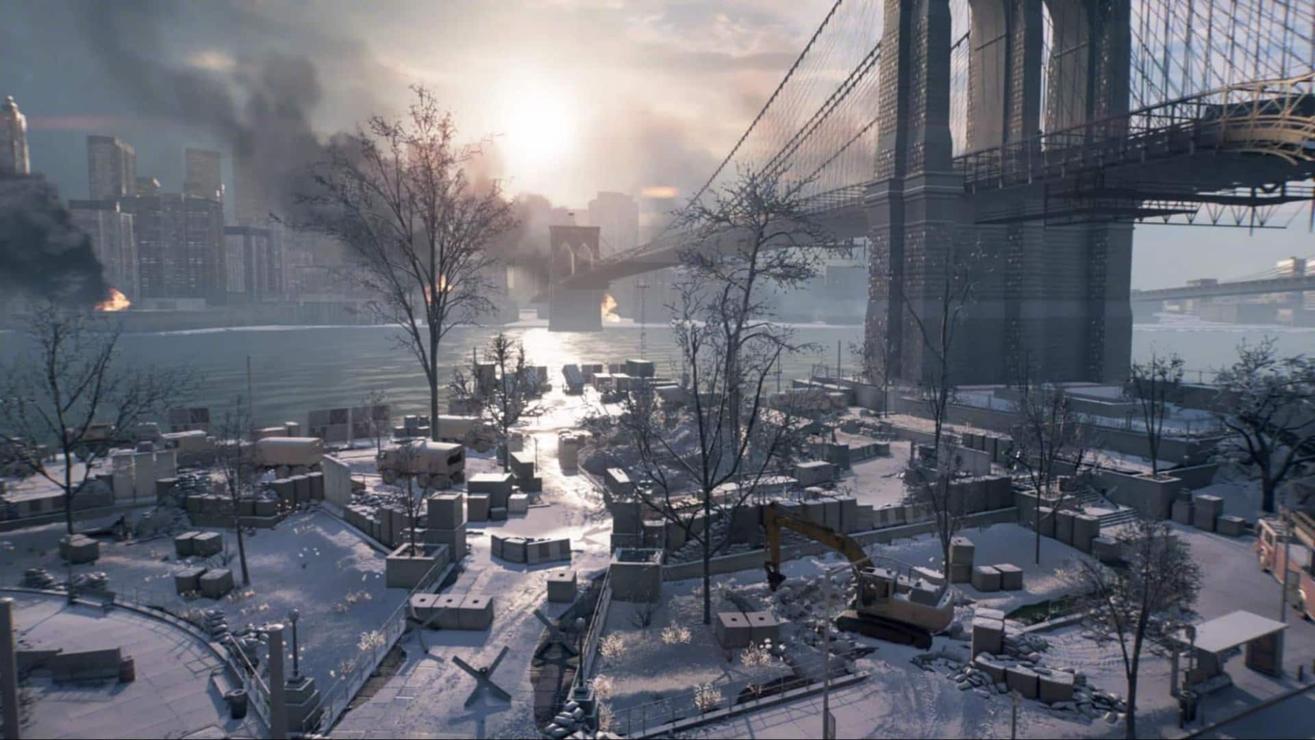 Snow-covered cityscape under a dramatic sunset near a large suspension bridge in Battlefield 6