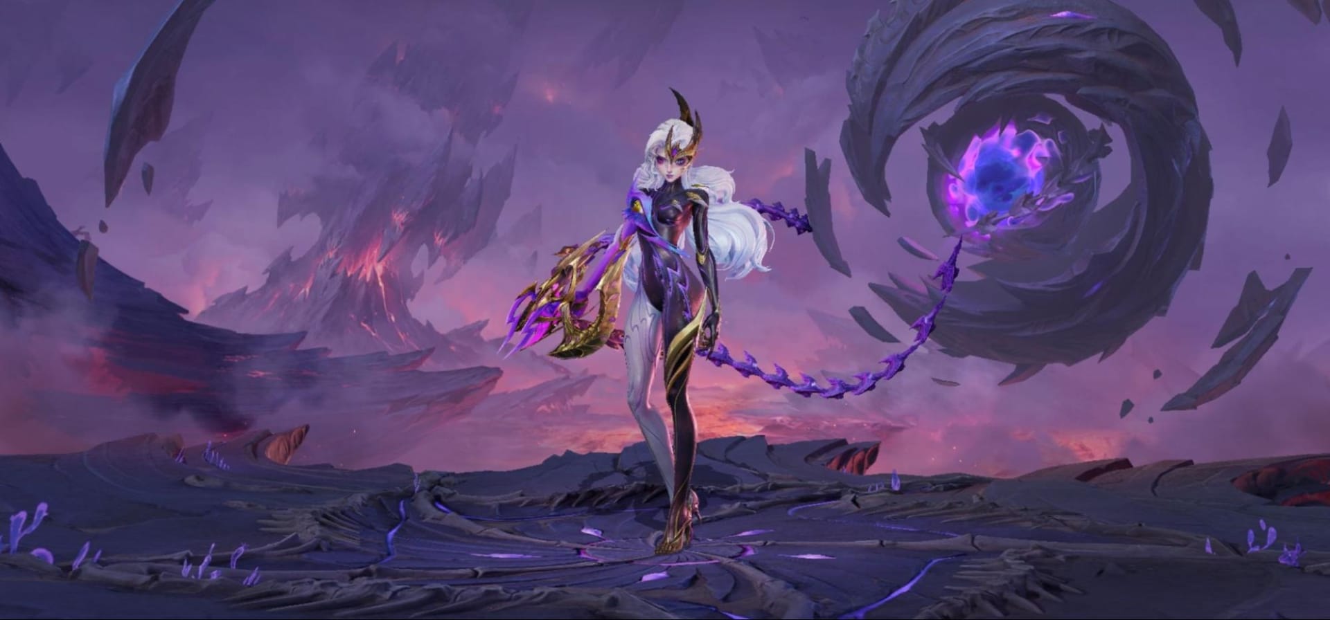 Obsidia from MLBB with horns and white hair stands confidently on a desolate landscape, holding a staff