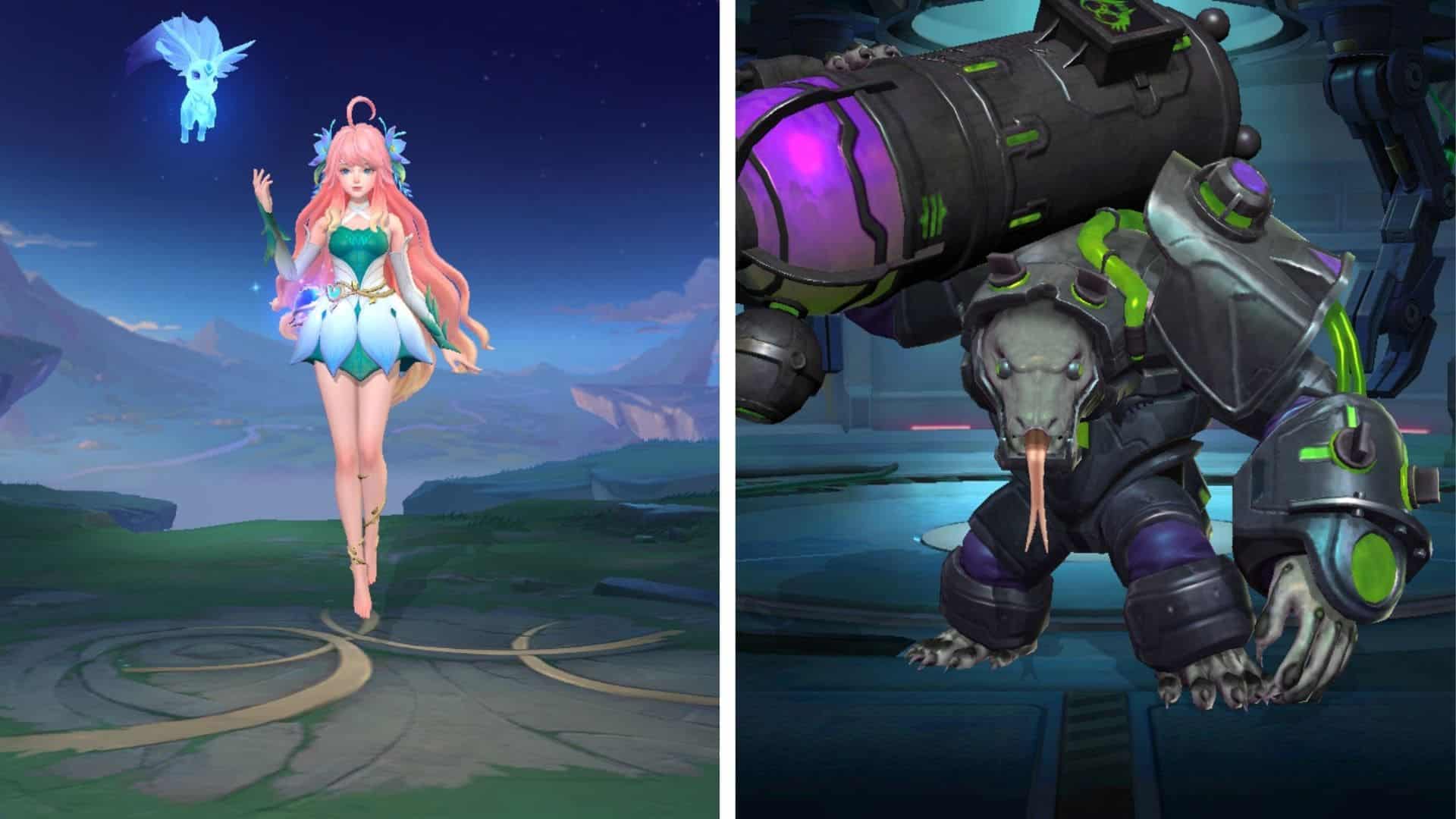 Split image of two MLBB characters Floryn and Grock