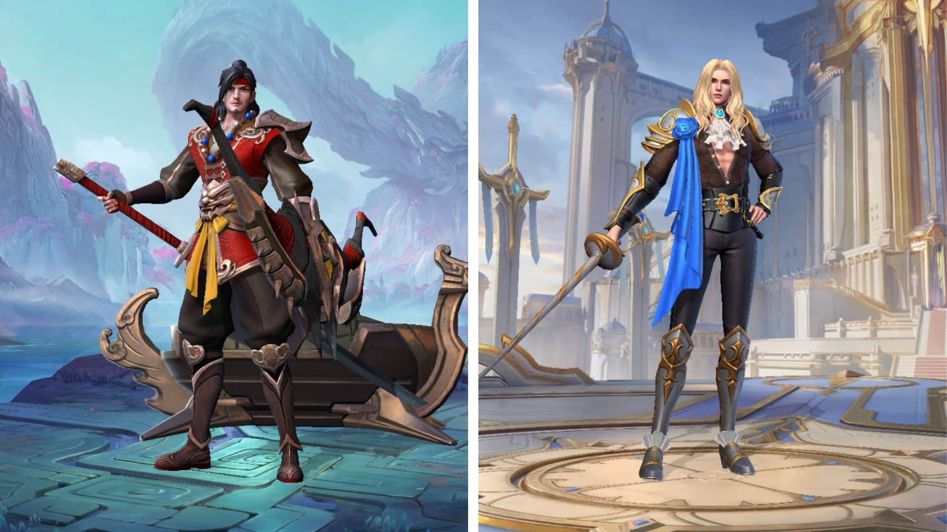A split image shows two MLBB characters Yi and Lancelot