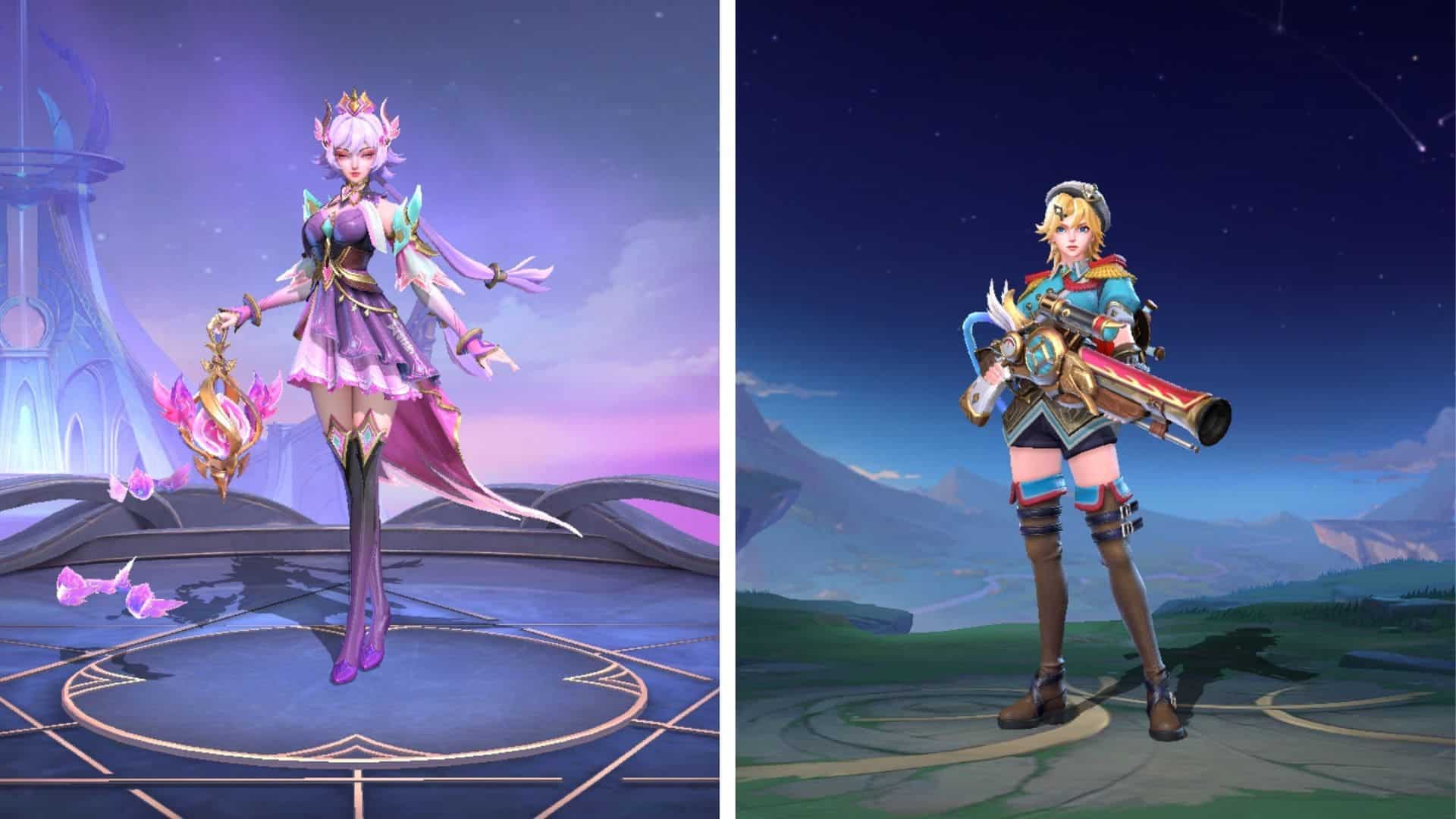 Two MLBB characters Zhuxin and Kimmy stand against vibrant backdrops