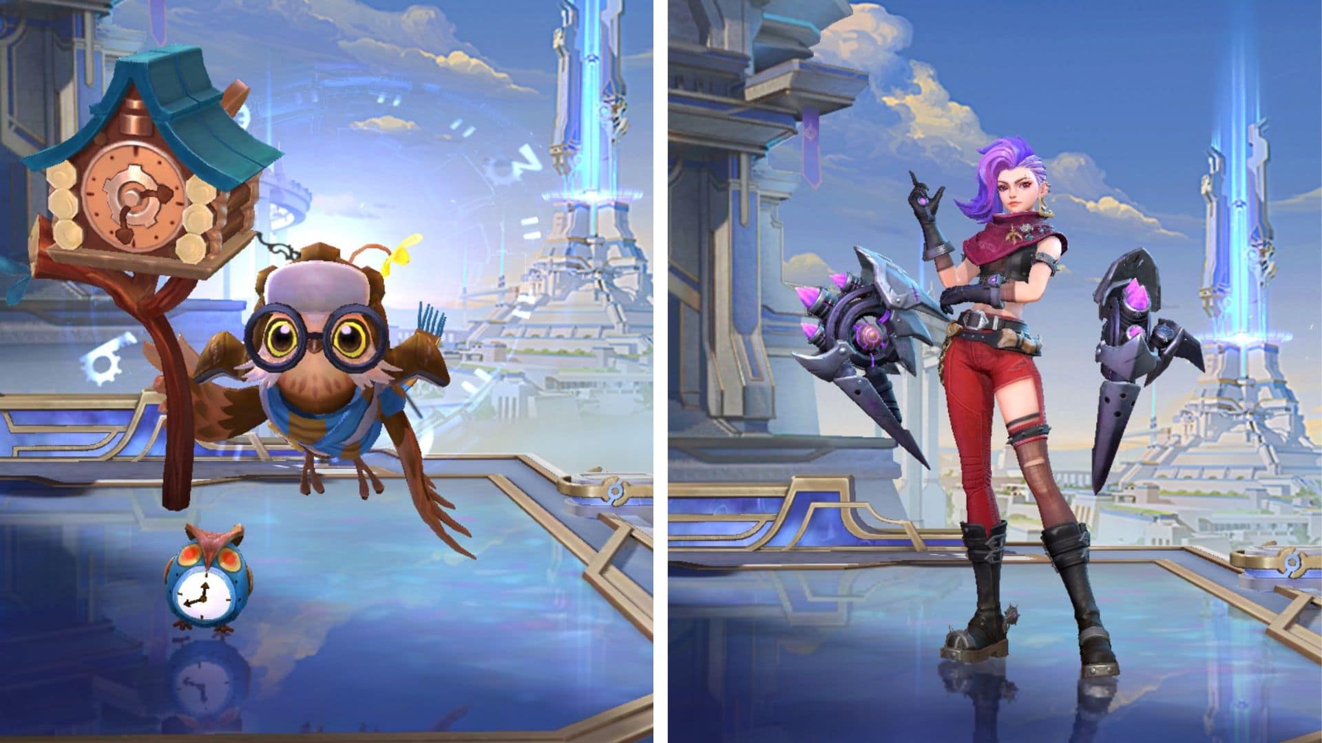 On the left, a whimsical owl from MLBB with glasses and a clock motif stands next to an oversized cuckoo clock. On the right, a confident MLBB character with purple hair and futuristic armor holds a large weapon
