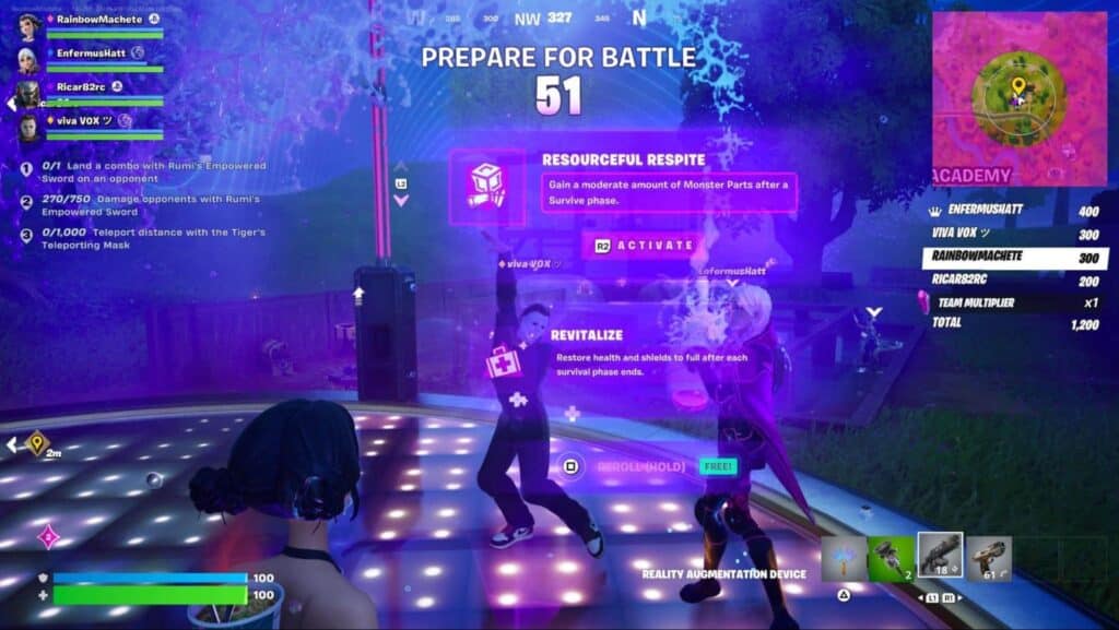 Players choosing perks between waves in Fortnite Demon Rush mode