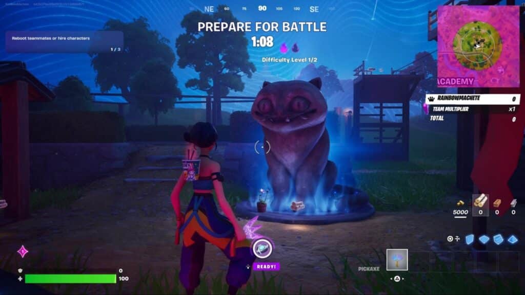 Player at revival cat statue in Fortnite Demon Rush mode