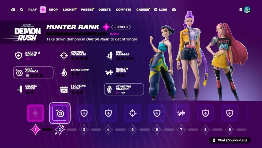 Fortnite Demon Rush hunter rank progression screen with K-Pop Demon Hunters characters