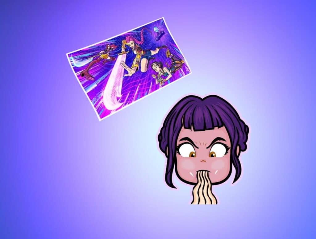 Zoey eating noodles emoticon from Fortnite Demon Rush rewards