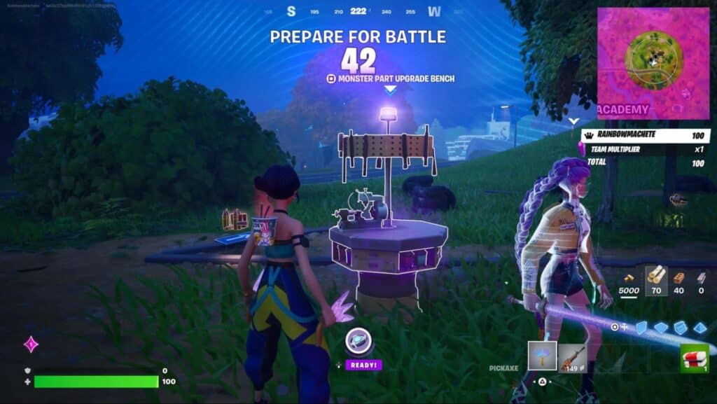 Player at Monster Part upgrade bench in Fortnite Demon Rush mode