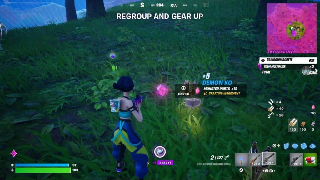 Player collecting Monster Parts after demon KO in Fortnite Demon Rush mode